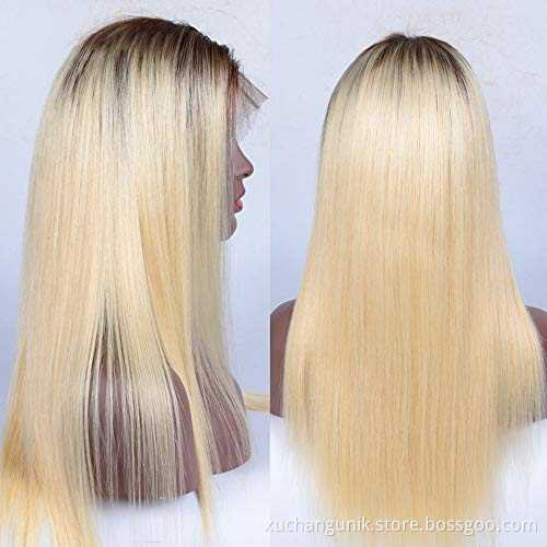 Uniky Pre Plucked Dark Roots 100% Human Hair Straight Ash Blonde 613 Ombre Transparent HD Frontal Full Lace Wig